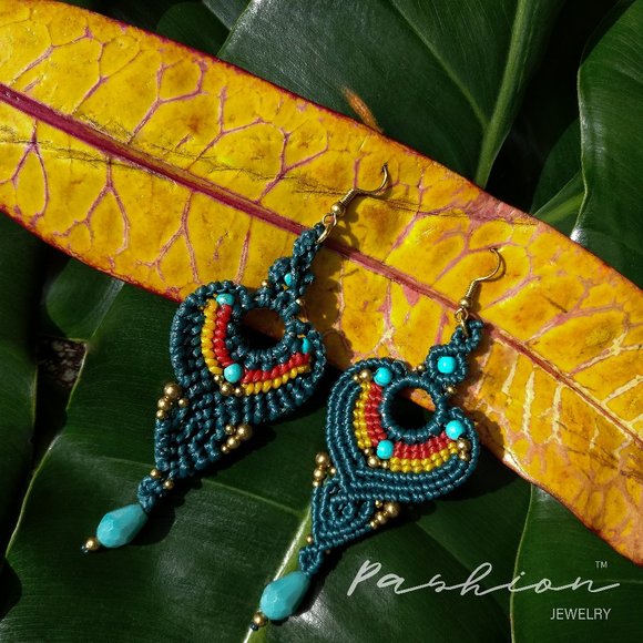 Handmade Blue or Coffee Macramé Earring - Picture 1 of 9